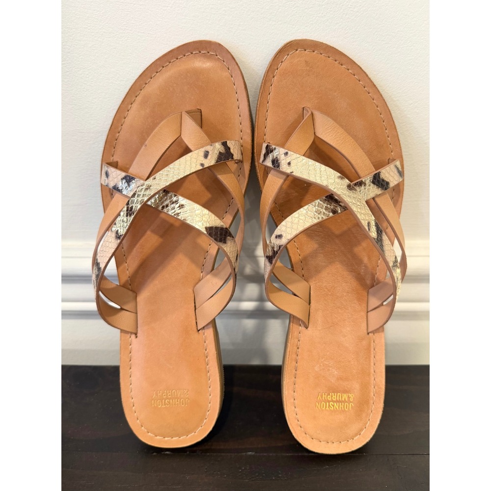 Johnston & Murphy Strappy Leather Thong Sandals Tan Snake-Print Size 10